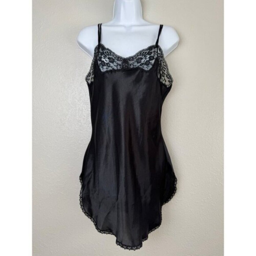 Vintage Victoria's Secret gold tag black lace satin lingerie slip chemise nighty
